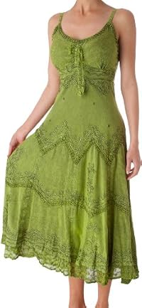 Stonewashed Rayon Embroidered Adjustable Spaghetti Straps Long Dress