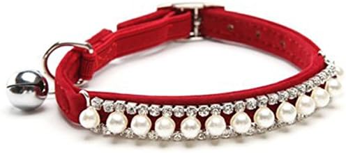 PAWSnCLUBS Pet Soft Velvet Collar for Cat Baby Puppies Dog Adjustable Pearl & Crystal Necklace with Bell, Red