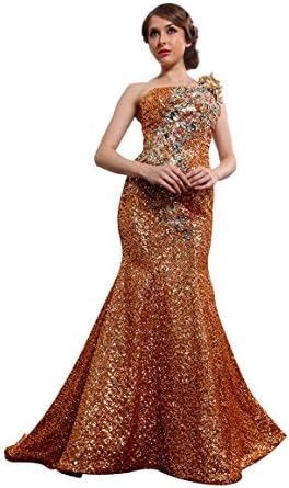 UnionFashionLi Women's One-shoulder Mermaid Luxury Evening Dress Wheat Size US 0