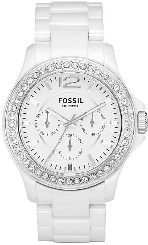 Fossil Women's CE1010 White Ceramic Bracelet White Glitz Analog Dial Multifunction Watch