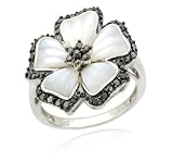 10k White Gold Flower White Mother-of-Pearl Black Diamond Ring (3/10 cttw, Black)