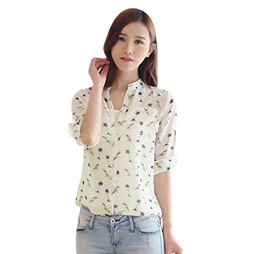Shouhengda Women Long Sleeve Chiffon Blouse Floral Printed Button Shirts