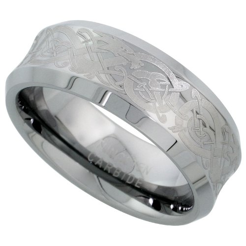 Tungsten Carbide 8 mm (5/16 in.) Comfort Fit Concaved Band, w/ Celtic Dragon Pattern