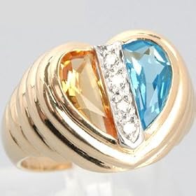 14K Yellow Gold Blue Topaz, Citrine and Diamond Estate Ring by