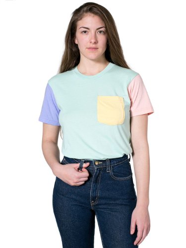 American Apparel Women's Power Washed Color Block Pocket Tee - Menthe / Summer Peach / Beni Imo / XS