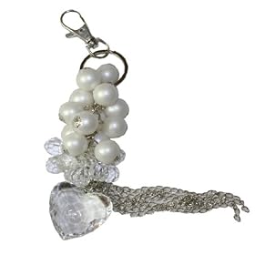 Handbag Charm with Crystal , Pearl & Heart shape drop to silver chains - white