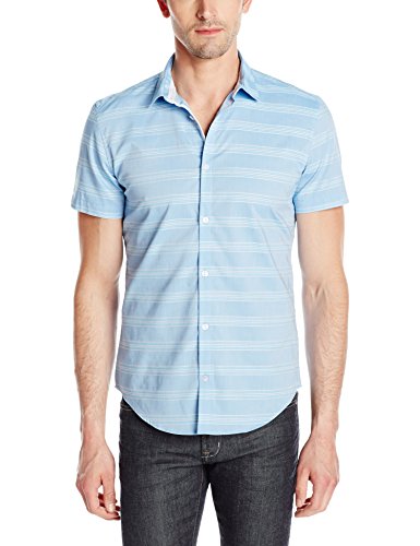 Calvin Klein Men's Horizontal Stripe Chambray Short Sleeve Button Down Shirt