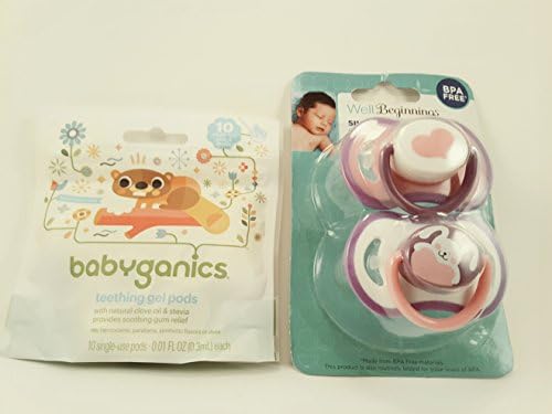Babyganics Teething Gel Pods (10 Single Use Pods) and Silicone Pacifiers 0-6 Month (2 Pack)