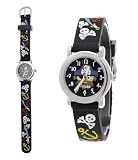 Trendige Kinderuhr,Jungen/Mädchen Kunststoff Armband Uhr mit Piraten/Totenkopf/Sebel/Anker Muster in Schwarz,inklusive Uhrenbox