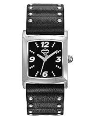 Harley-Davidson® Womens Black Pattern Dial Watch. Luminous Hands. Curved Crystal. Black Leather Strap. 76L162