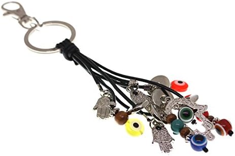 Black Strand Multi Colored Evil Eye Bead Silver Tone Hamsa Hand Keychain