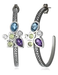 Sterling Silver Multi-Gemstone Cluster J-Hoop Earrings