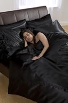 6pce Satin Black Double Duvet Cover Set (inc 1 duvet cover,1 fitted sheet,4 pillowcases)
