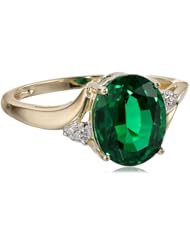 10k Yellow Gold Created Emerald and Diamond Oval Ring