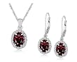 Sterling Silver Garnet Lever Back Earrings and Pendant Necklace Set, 18"