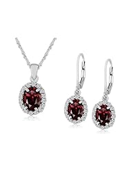 Sterling Silver Garnet Lever Back Earrings and Pendant Necklace Set, 18"