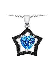Original Star K (tm) 8mm Heart Shape Simulated Blue Topaz Black Star Pendant in 925 Sterling Silver