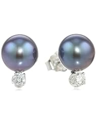 14k Gold Black Freshwater Cultured Pearl and Diamond Studs (7-7.5mm) 0.10 cttw, H-I Color, I1-I2 Clarity)