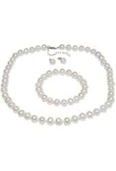 Cultured Freshwater White Pearl Necklace Earrings Bracelet Set