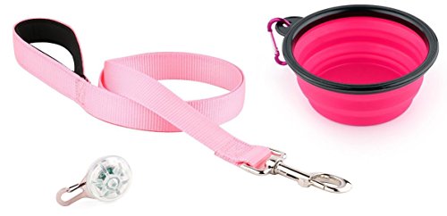 Pink Dog Leash | 3 Pack Bundle | Soft Padded Handle and Stainless Steel Swivel Clip, 5 Ft X 1 In, for Medium to Large Dogs | LED Dog Collar Blinker Light | Collapsible Pet Travel Bowl