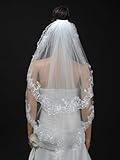 Remedios 2T Tulle Fingertip Length Wedding Veil with Embroidered Hem, White