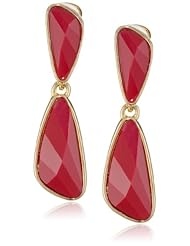 Kenneth Jay Lane Pol Gold and Red Faceted Stone Double Drop Clip-On Earrings