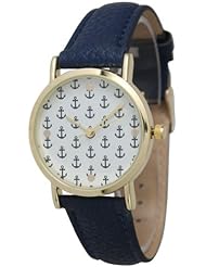 Womens Geneva Multi Anchor Design Gold Trim Leather Watch - Navy
