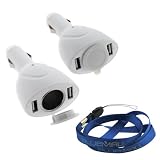 GTMax White 2-Port USB Car Charger Vehicle Power Adapter with Extra Socket + Neck Strap Lanyard for Apple iPhone 4, 4S