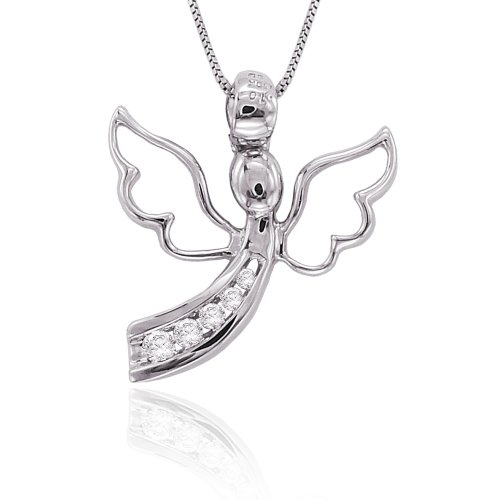 10K White Gold 1/10 ct. Diamond "Journey of Love" Angel Pendant with Chain