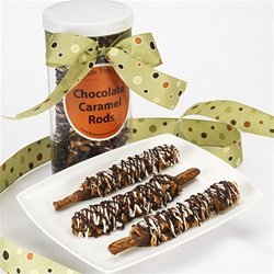 A Canister of 6 Chocolate Caramel Pretzel Rods