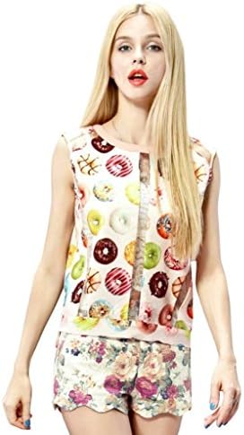Elf Sack Womens Summer Blouse Round Neck Sleeveless Donuts Printing Chiffon X-Large Size