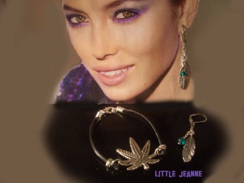 Marijuana Pot Leaf Leather Bracelet Plus Feather with Green Swarovski Crystal Stone Lever Back Earrings