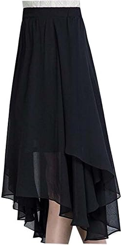 F2Y Irregular High Low Bohemian Chiffon Skirts Solid Color Midi Skirt (XL, Black)