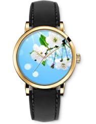 SPRAWL Aanalog Fashion Series Gold Ladies Watches of Genuine Black Leather Strap,Unique Wrist Watch for Women Girls Designed with White flowers and bud