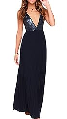 V-neck Backless Pleated Sequined Chiffon/Polyester Striped Print Maxi Dress 