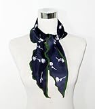 Satin White Baby Floral Print on Navy Blue with Fuffle End - Silk Long Scarf 10.5