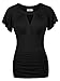 Ninedaily Women Tops Short Sleeves Fluted Collar Draped Summer Blouse Black