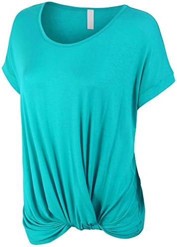 KOGMO Womens Solid Dolman Tunic Tshirt Top with Knot on Hemline-L-TURQUOISE