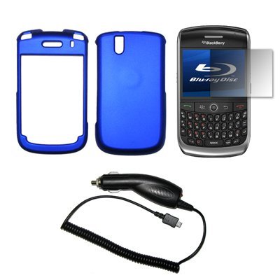 Blue Rubberized Snap-On Cover Hard Case Cell Phone Protector + LCD Screen Protector + Rapid Car Charger for Blackberry Tour 9630