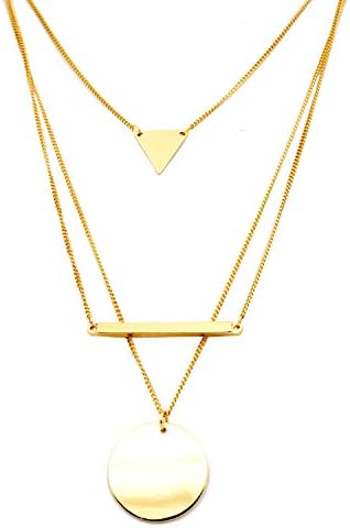 Multi-shape Triangle Metal Bar &amp; Round Pendant Layered Necklace in Gold