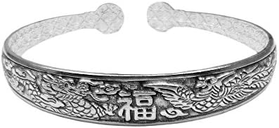 Miao Silver Cuff Bracelet Thin - Luck Balanced Phoenix &amp; Dragon