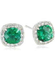 Sterling Silver Checkboard Cushion Cut Created White Sapphire Halo Stud Earrings