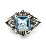 Sterling Silver Marcasite Ring with Blue Topaz CZ - Size: 6-9