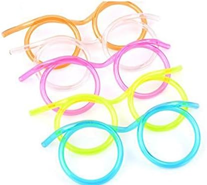 CrazyTimes [4 Pack], Drinking Straw Glasses, Unique Flexible Straws. Blue, Pink, Orange, Lime Green, Clear, Yellow (colors in pack may vary)