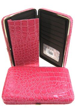 Croco Faux Leather Solid Hot Pink Thick Flat Clutch Wallet Croc Snake Skin