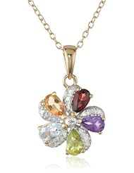 Yellow Gold Plated Sterling Silver Multi-Gemstone Flower Bangle Bracelet and Pendant Necklace Set, 18"