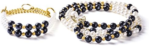 Classic Black and White Pet Dog Cat Collar Leash Set with Pearls and Beads