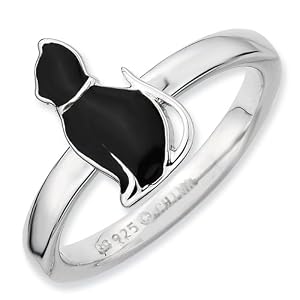 Sterling Silver Black Enameled Cat Stackable Ring Size 7