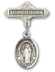 Sterling Silver Baby Badge with St. Joseph the Worker Charm and Godchild Badge Pin