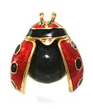 Beautiful 1 1/4" Tall Red and Black Enamel Ladybug Pin/Broach/Pendant with Crystal Eyes Gold Tone ~ Comes Gift Boxed (6a)